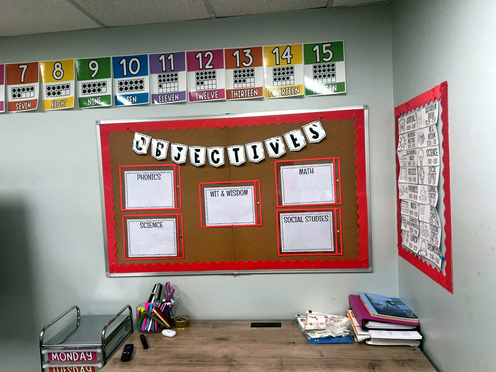 The objectives board — phonics, Wit & Wisdom, math, science and social studies